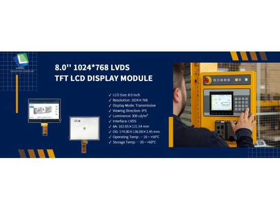 1024×768解像度の8.0インチ IPS TFT LCDディスプレイモジュール