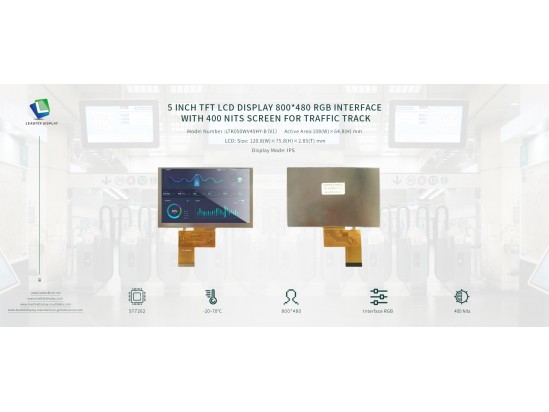 5 inch TFT LCD Display 800*480 RGB interface with 400 nits screen for transportation. 5 inch TFT LCD Display 800*480 RGB interface with 400 nits screen for transportation.