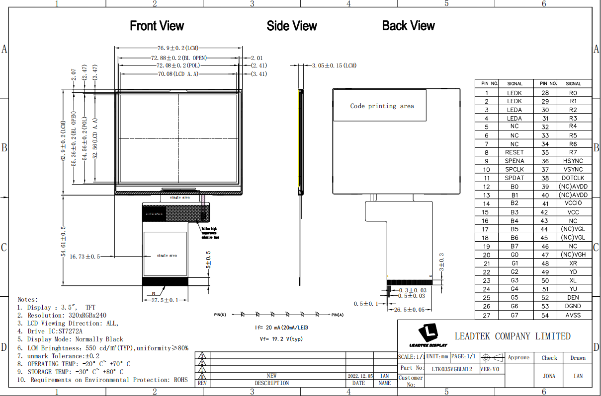 3.5 inch IPS screen RGB Interface with 320*240 Resolution lcd module ...
