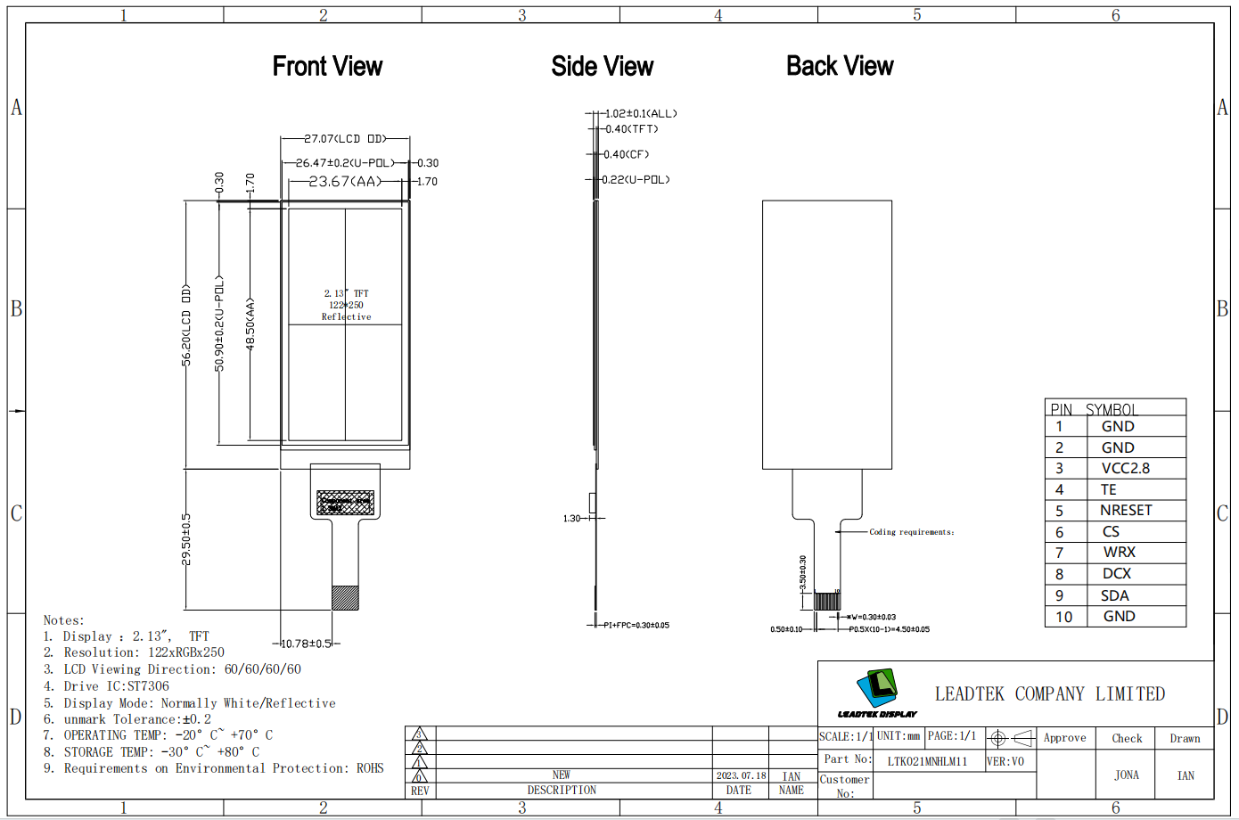 Reflective 2.1 Inch LCD TN Display